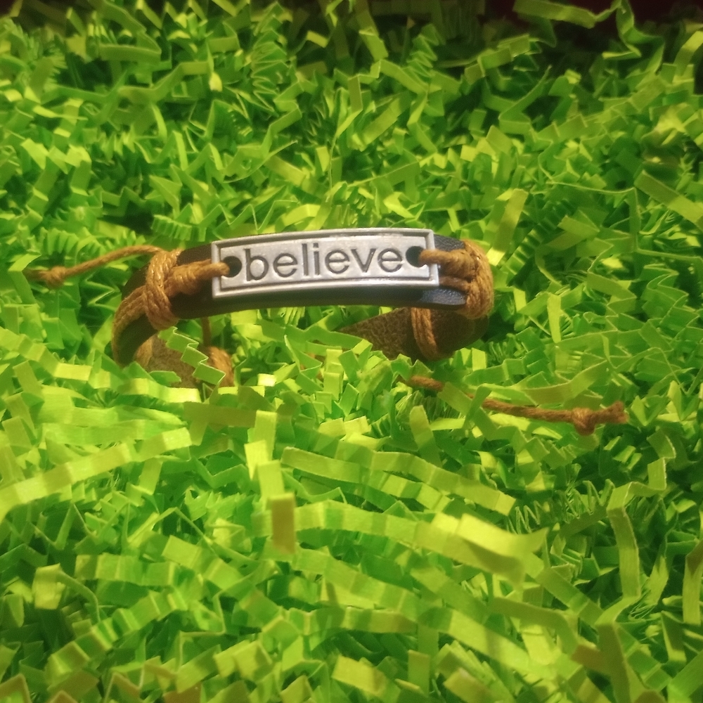 Leather & Jute Bracelet/Wristband With Stainless Steel Centerpiece "Believe"